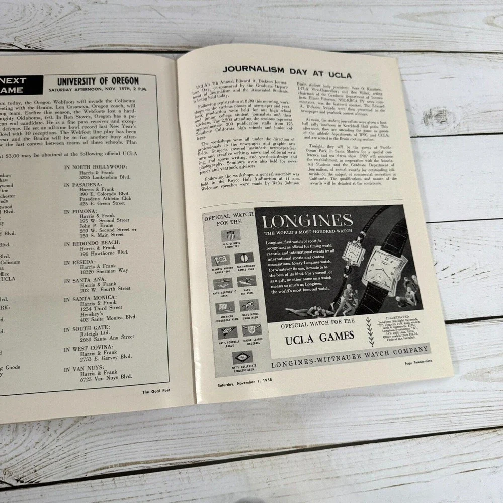November 1 1958 NCAA Football Washington vs UCLA The Goal Post Official Program